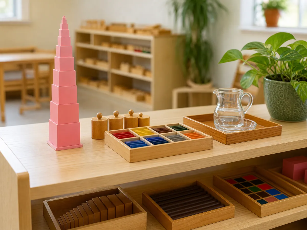 Primary Montessori materials including the pink tower, cylinders, color tablets, and practical life work