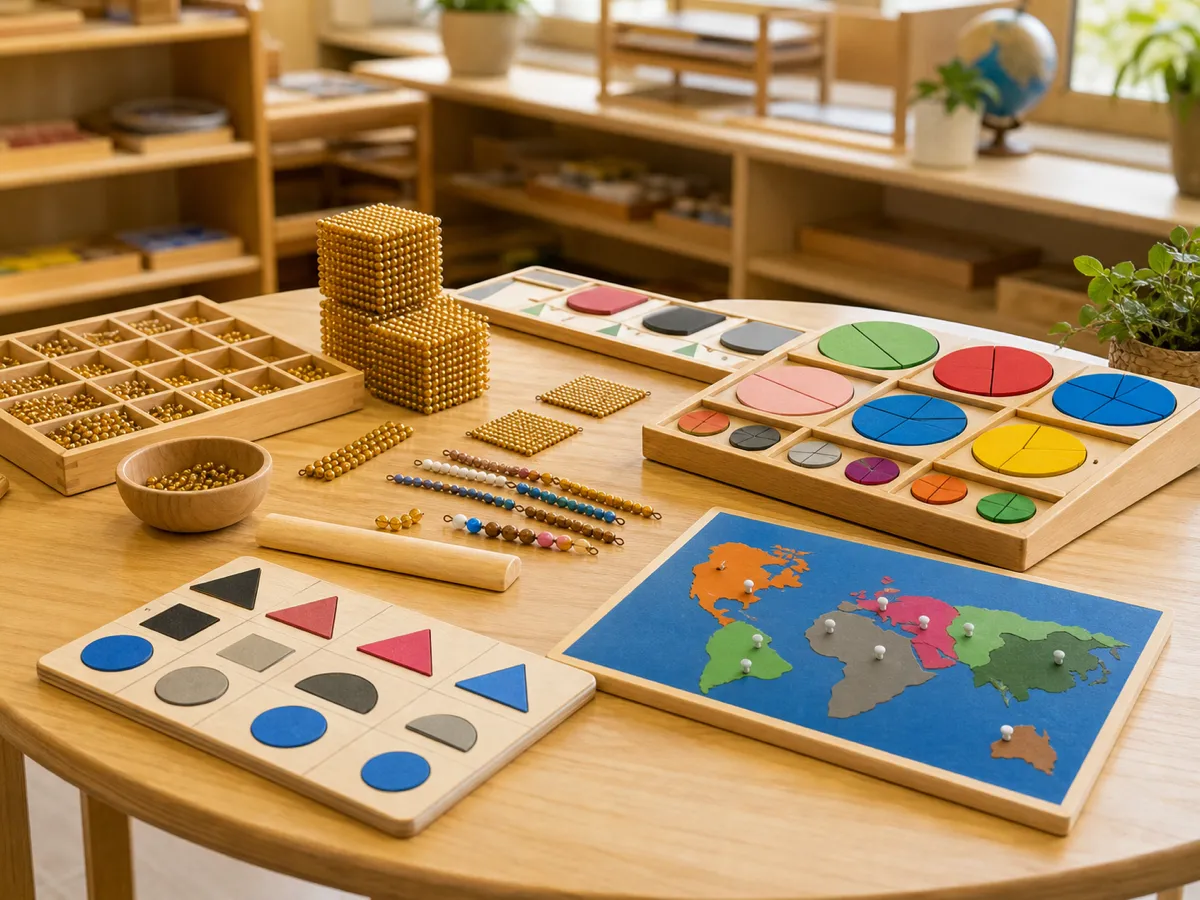 Lower elementary Montessori materials including golden beads, fraction circles, grammar symbols, and puzzle maps
