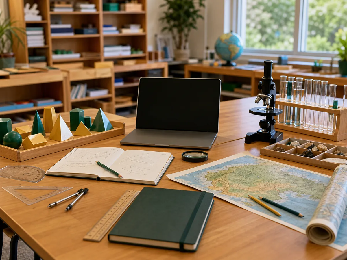 Middle school Montessori project materials including science tools, geometry models, maps, notebooks, and measurement tools