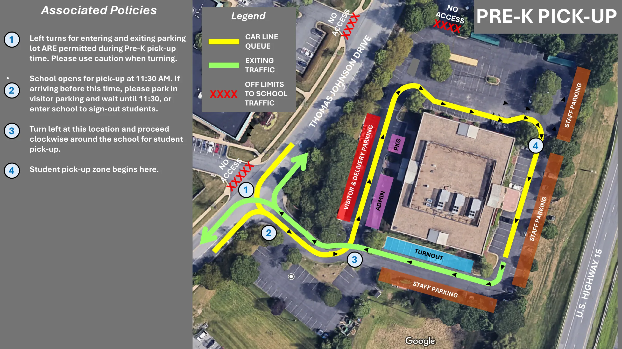 Pre-K3 midday pick-up traffic flow map for MVMPCS