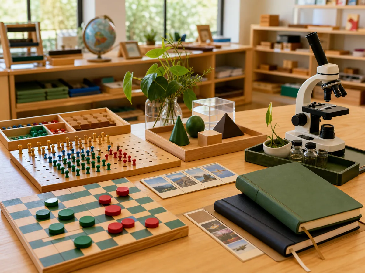 Upper elementary Montessori materials including math boards, geometry solids, research notebooks, and science materials